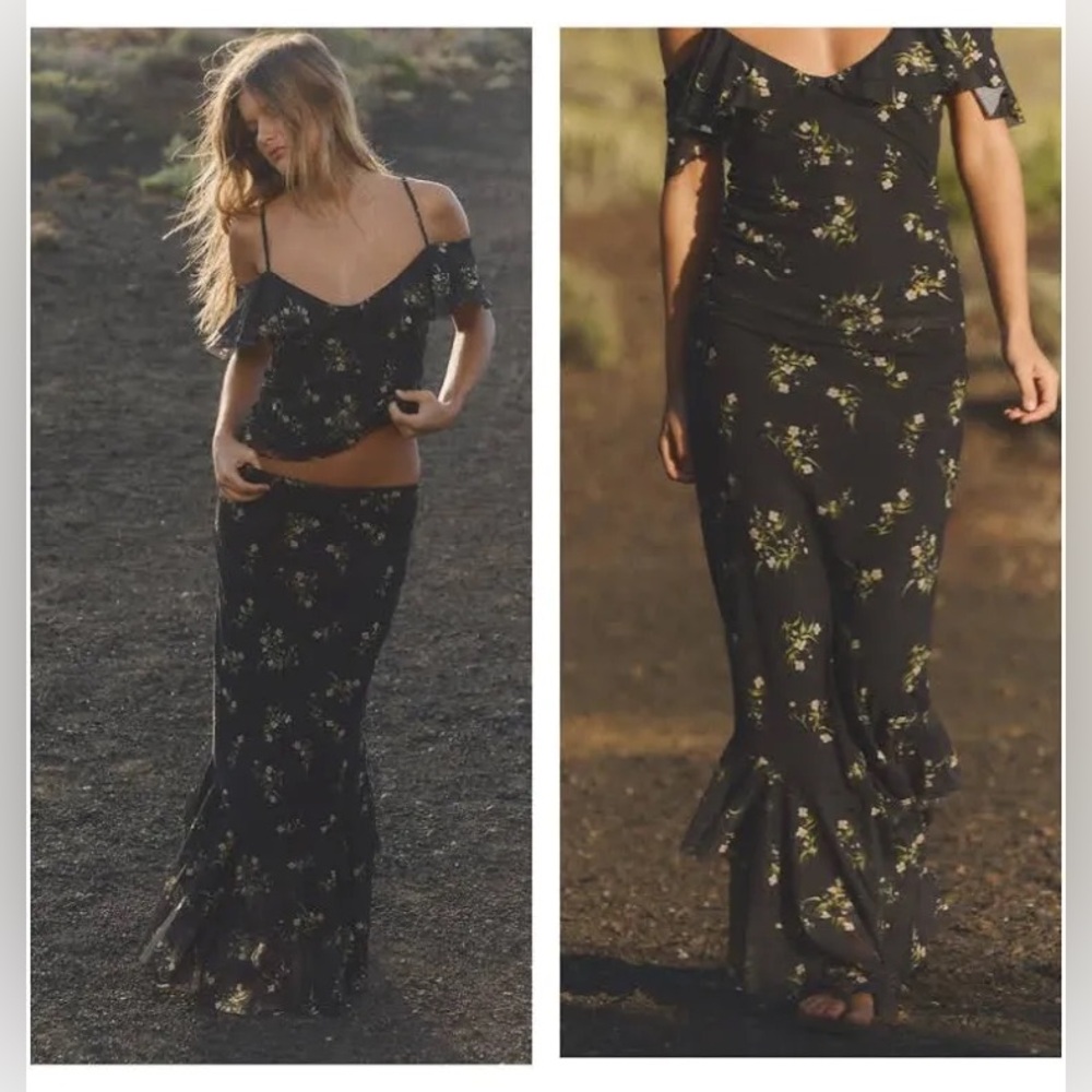 Zara Tulle Ruffle Black Floral Skirt + Top Set S